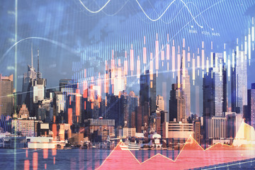 Fototapeta na wymiar Forex graph on city view with skyscrapers background double exposure. Financial analysis concept.