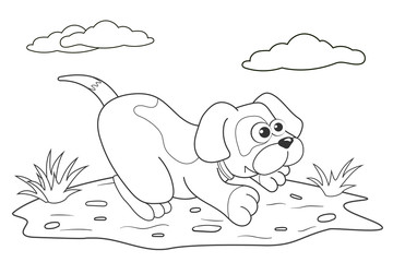 Coloring page outline of cartoon dog. Page for coloring book of funny puppy for kids. Activity colorless picture about cute animals. Anti-stress page for child. Black and white vector illustration.