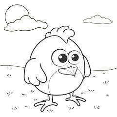 Coloring page outline of cartoon chicken. Page for coloring book of funny bird for kids. Activity colorless picture about cute animals. Anti-stress page for child. Black and white vector illustration.