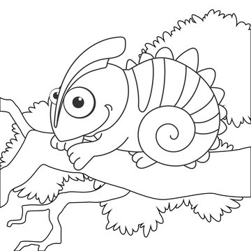 Coloring page outline of cartoon chameleon on branch. Page for coloring book of funny lizard for kids. Activity colorless picture about cute animals. Anti-stress page for child. Black and white vector
