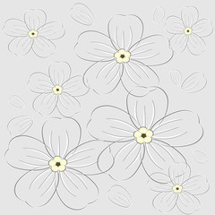 Abstract romantic Pattern with forget-me-nots and petals in paper style on a gray background, vector illustration