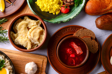 Healthy breakfast and clean eating concept from above. Copy space banner.