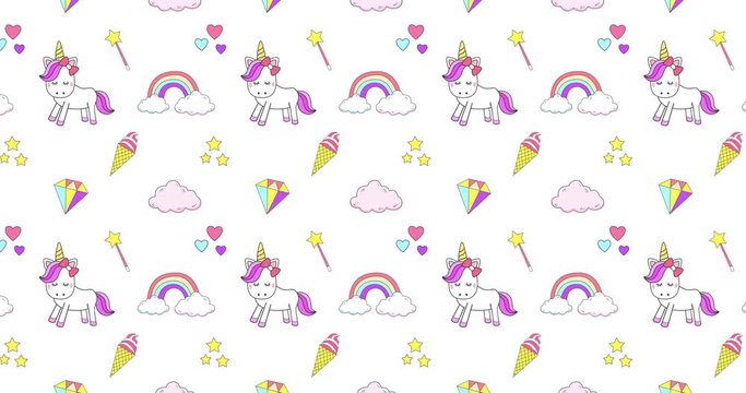 Cute unicorn, princess concept, girl beauty seamless pattern isolated on white background. Vector cartoon design. Magic unicorn, heart, rainbow, stars, diamond, Pop style 4K animation