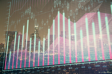 Forex chart on cityscape with tall buildings background multi exposure. Financial research concept.