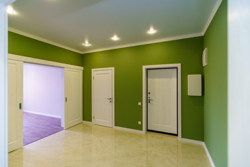 A room in a new building with a fresh renovation. The walls are green and pink, the floors "under the marble"