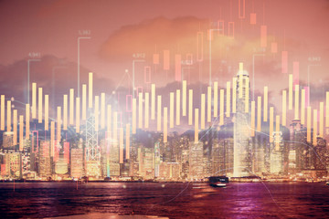 Fototapeta na wymiar Multi exposure of forex chart drawings over cityscape background. Concept of success.