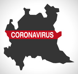 Lombardy ITALY region map with Coronavirus warning illustration