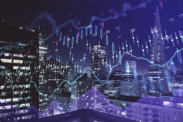 Financial graph on night city scape with tall buildings background multi exposure. Analysis concept.