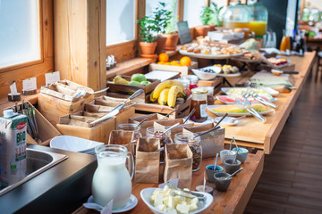Breakfast buffet table filed with assorted foods - 331146496