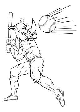 A rhino baseball player cartoon animal mascot swinging a bat at a fast ball
