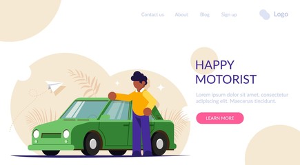 Happy motorist concept. People stands next to his red car. Buying or service for cars. Modern flat vector illustration. Landing web page template.