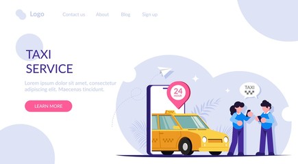 Online taxi concept. People call the car to travel around the city using a mobile app. 24-hour operation of the online service. Modern flat vector illustration. Landing web page template.