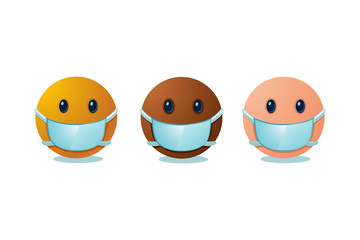 Emoji set with medical mask. International people cartoon faces. Virus protection concept.
