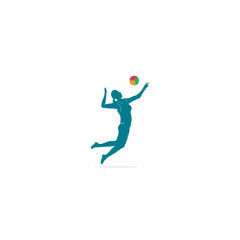 Fototapeta na wymiar Female volleyball player logo.Abstract volleyball player jumping from a splash. Volleyball player serving ball. 