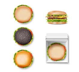 Set of Realistic burger top and side view isolated. Fast Food hamburger mockup. White Container with black delicious burger. Vector