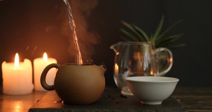 close up of china tea ceremony with candles , UHD 4k	