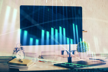 Forex Chart hologram on table with computer background. Double exposure. Concept of financial markets.