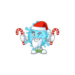 Friendly fever coronavirus in Santa Cartoon character with candies