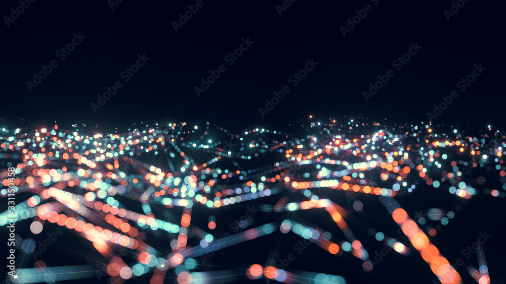Poster 3d rendering of wavy mesh geometry wire frame with blur light reflection bokeh. for technology, busi