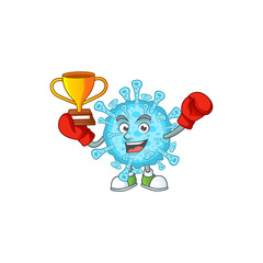 Happy face of boxing winner fever coronavirus in mascot design style