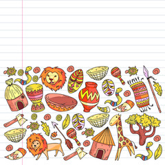 Vector african tribal pattern for banner and posters. Icons of animals and traditional elements for children fabric, clothes, textile. Travel and adventure