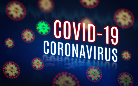 Covid-19 Coronavirus Text With Droplet Virus Illustration Airborne Over World Map On Blue City Background.danger Disease Cause For Illness