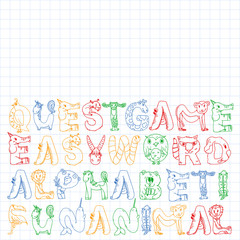 Animal alphabet. Zoo alphabet. Letters from A to Z. Cartoon cute animals. Elephant, dog, flamingo, giraffe, horse, alligator, bear, cat.