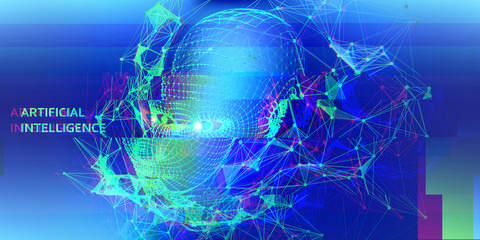 Naklejka na ściany i meble Technology glitch color background with head face on blue. Futuristic artificial intelligence presentation. Computer communication technology. AI.
