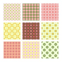 Collection of modern Moroccan style inspired vector seamless pattern. Abstract flower geometric pattern tiles. Pattern elements spring colors - yellow, pink and green. 