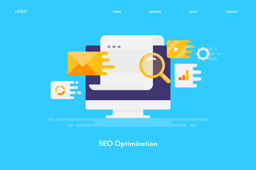 Seo, digital marketing, online software tool for marketing automation, internet and technology concept. Flat design web banner template.