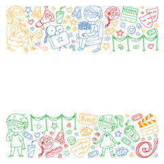 Cinema pattern with vector icons for wrapping paper, posters, banners, leaflets. 3d movie, tv, musical.