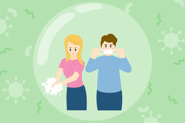 woman washing hands and man wearing face mask  for prevent coronavirus. vector.
