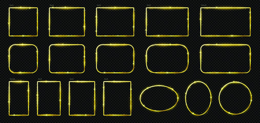 Shiny golden frames. Magical gold square border, magic christmas frame and luxury round borders with realistic shadow and shine light glow effect vector set