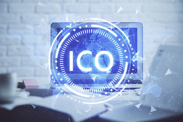 Multi exposure of blockchain and crypto economy theme hologram and table with computer background....