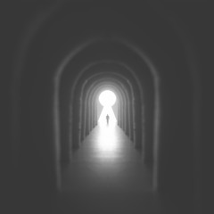 man getting out of dark tunnel trough keyhole shape doorway, surreal business concept