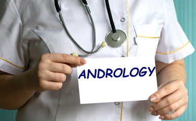 concept words ANDROLOGY in the hands of a doctor