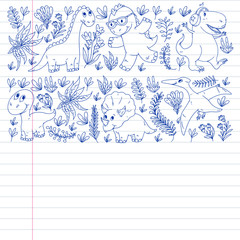 Pattern kids fabric, textile, nursery wallpaper. Vector illustration. Hand drawn dinosaurs, dino for little children.