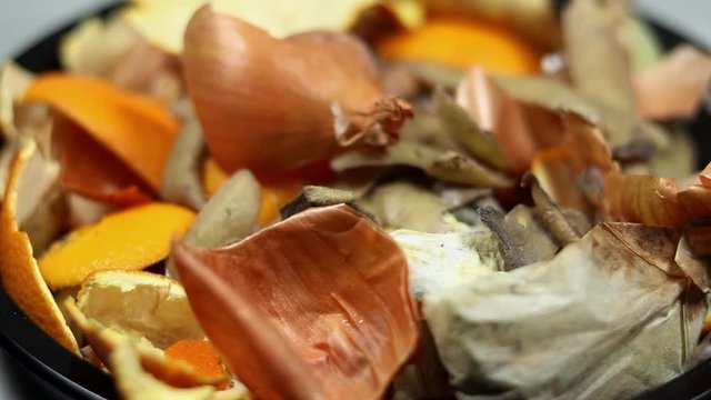 Organic biological kitchen waste, compostable food scraps, rotten food and leftovers from cooking, prepared for composting, Onion peel, Potato peel, Carrot husks, Orange peel