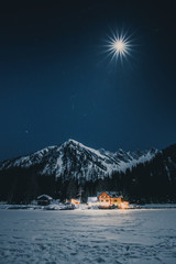 winter landscape with mountains and lake