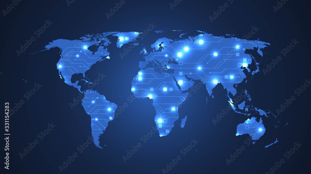 Poster Technology abstract world map vector illustration circuit board texture background. futuristic circuit board banner wallpaper. Digital data. Engineering electronic motherboard. Minimal array Big Data.