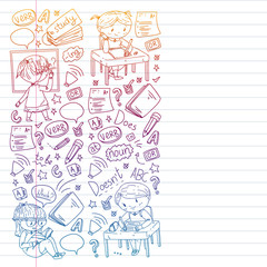 Internet englinsh course. Learn language online. Education vector illustration. Kids drawing doodle style image.