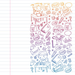 Internet englinsh course. Learn language online. Education vector illustration. Kids drawing doodle style image.