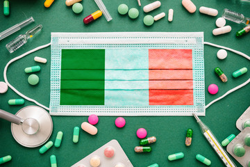 Covid19 virus in Italy, protective surgical italian flag mask and medicine background.