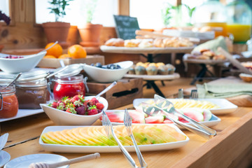  Breakfast buffet table filed with  assorted foods