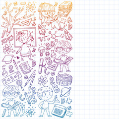 Online education concept. Vector icons and elements for little children, college, internet courses. Doodle style, kids drawing.