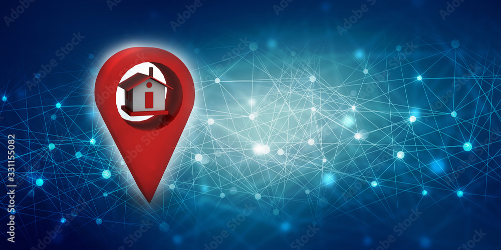 Poster 3d illustration search for property.a map with large red gps pointer containing