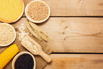 Cereals collection on wooden background