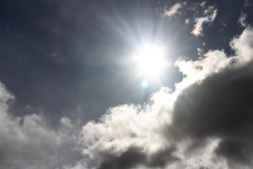 Beautiful miracle with clouds in the dark blue sky. Sun light. God light against background