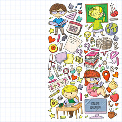 Online education concept. Vector icons and elements for little children, college, internet courses. Doodle style, kids drawing.