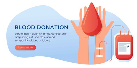 Blood donation concept. Bag with blood and hand male donor. Vector illustration for banner, poster, flyer. Medical background. Human donates blood. Donor day, save life. Medical laboratory equipment